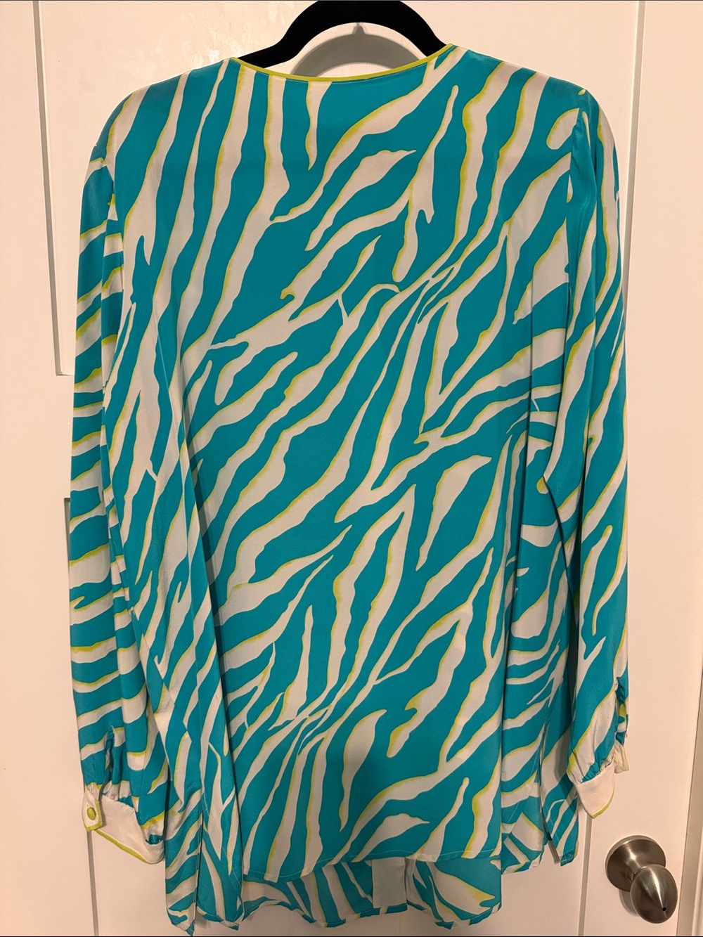 Vintage Bob Mackie 100% Silk Teal and White Zebra Stripe Blouse with Lime Trim - Picture 4 of 7